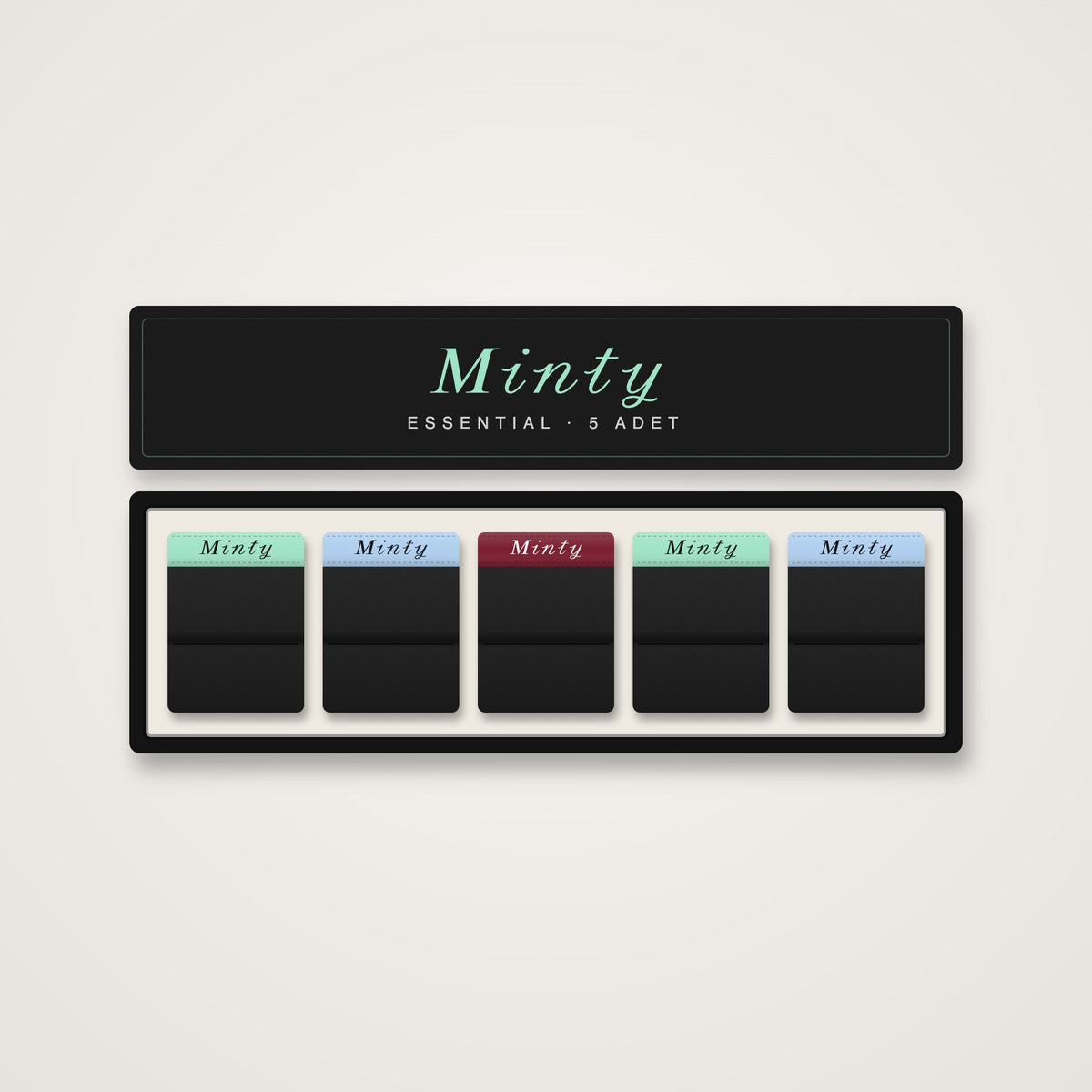 Minty Essential 5'li paket kutusu: mint, bebek mavisi ve bordo lastikli siyah boxerlar