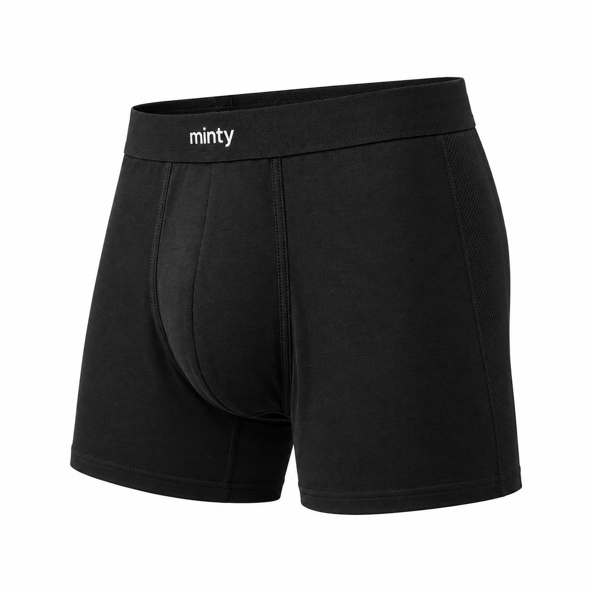 Minty Cool siyah boxer, manken üzerinde yan görünüm, destek cebi ve düz dikişler
