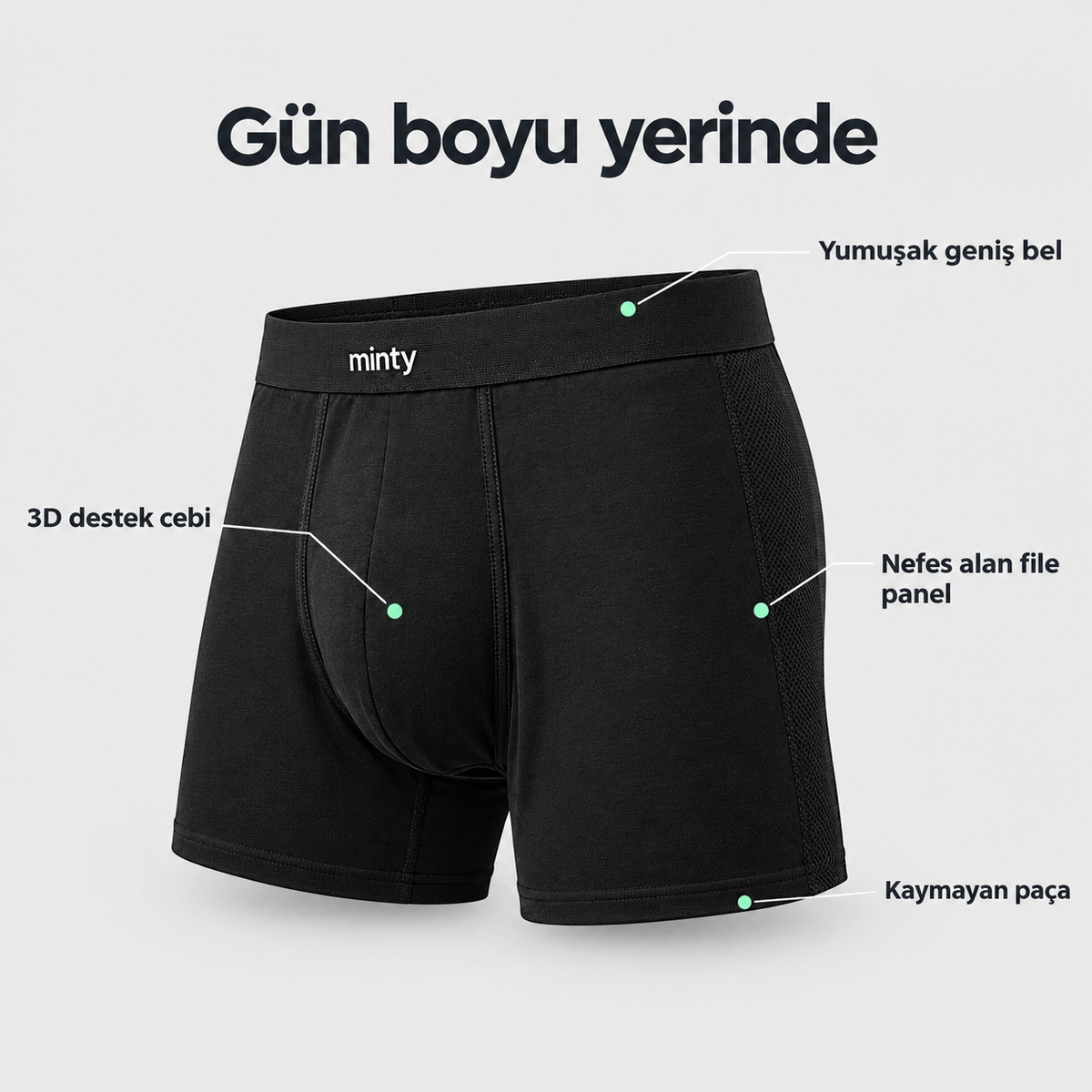 Minty Cool özellikleri: yumuşak geniş bel, 3D destek cebi, nefes alan file panel, kaymayan paça