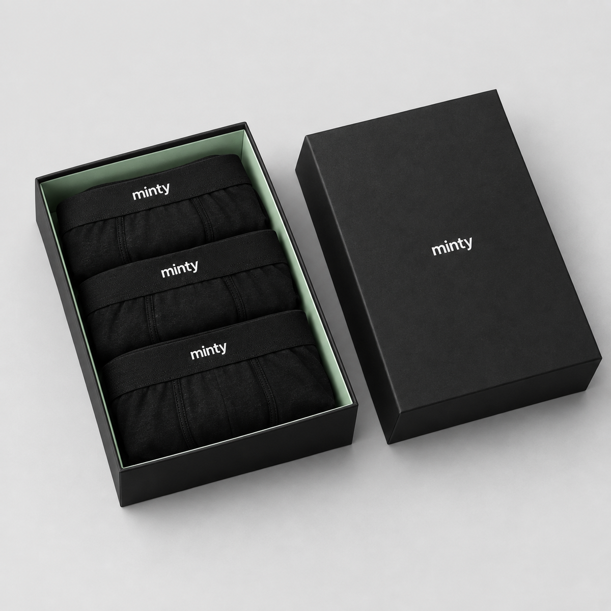 Minty Cool 3'lü paket, özel siyah kutuda katlanmış üç siyah boxer