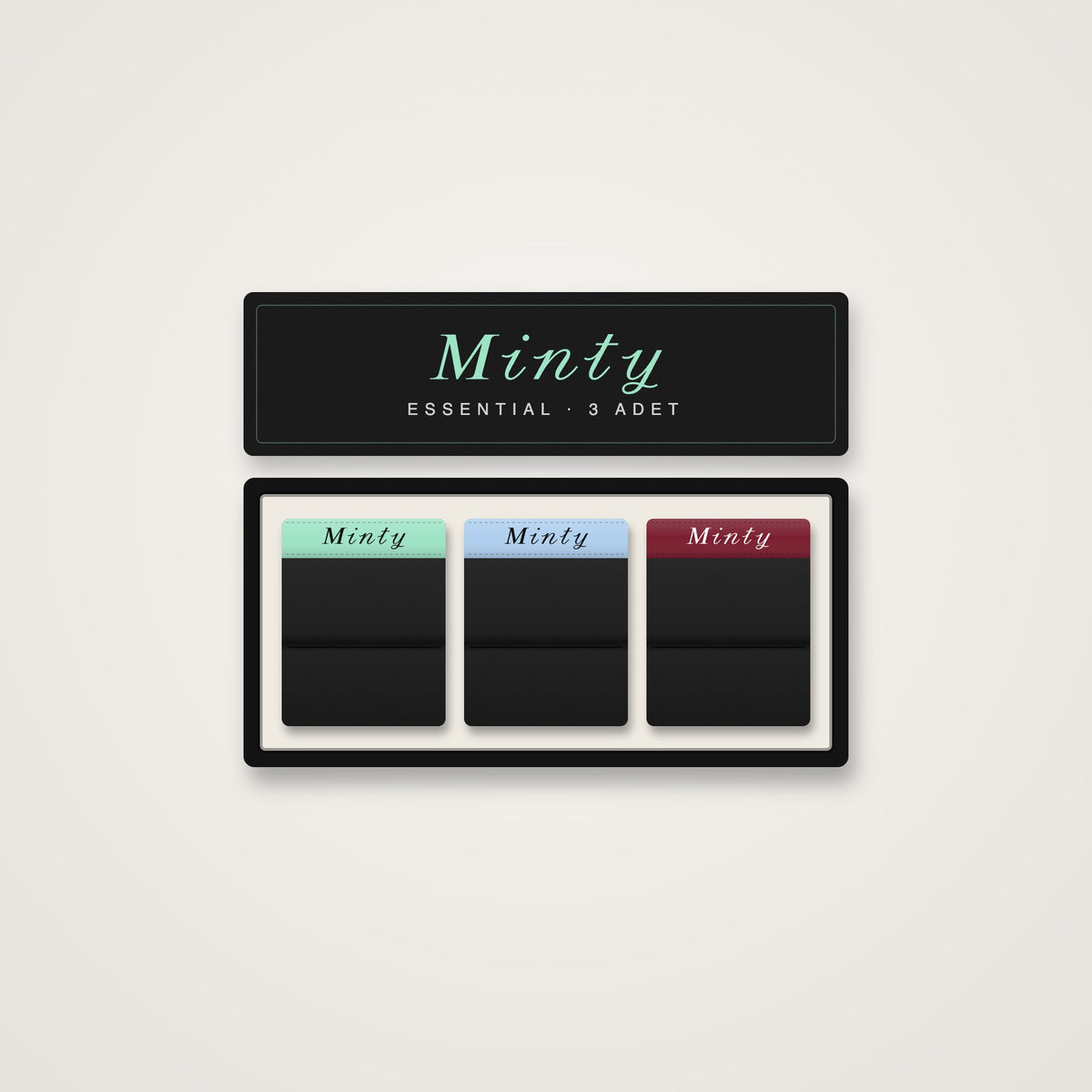Minty Essential 3'lü paket kutusu: mint, bebek mavisi ve bordo lastikli siyah boxerlar