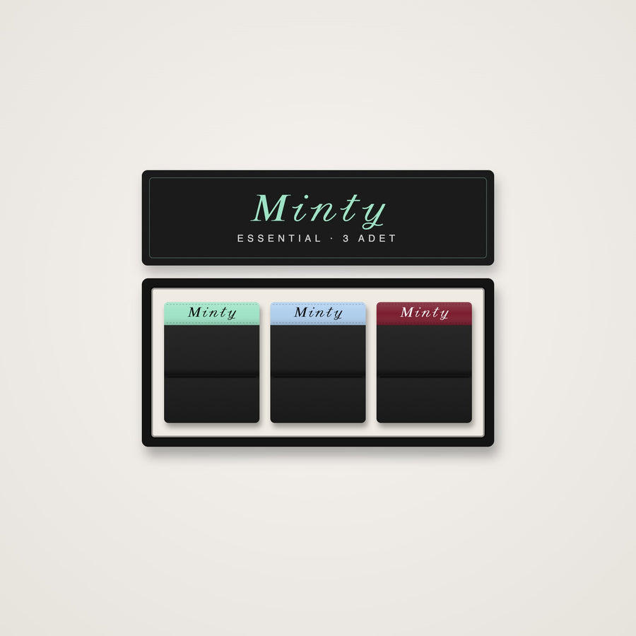 Minty Essential 3'lü paket kutusu: mint, bebek mavisi ve bordo lastikli siyah boxerlar