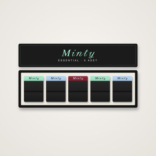 Minty Essential 5'li paket kutusu: mint, bebek mavisi ve bordo lastikli siyah boxerlar