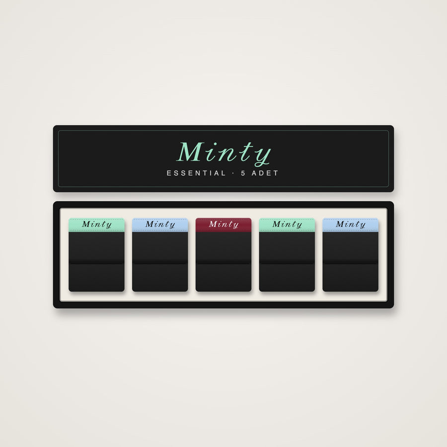Minty Essential 5'li paket kutusu: mint, bebek mavisi ve bordo lastikli siyah boxerlar