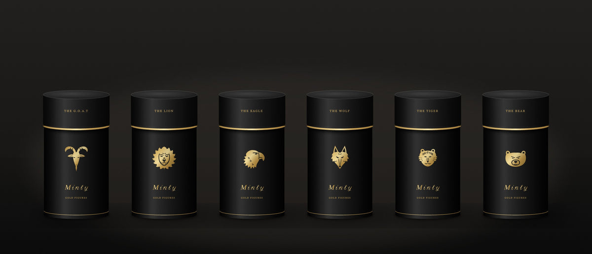 Minty Gold Figures: altı hayvan figürlü siyah silindir kutular