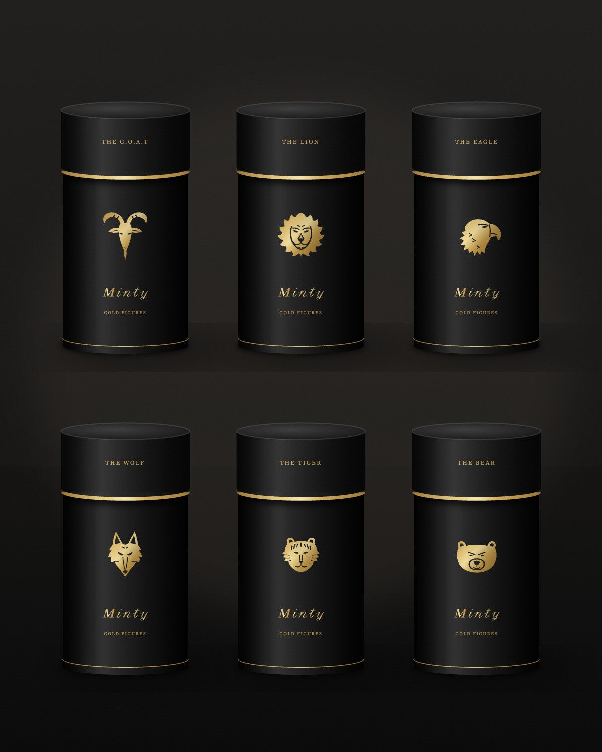 Minty Gold Figures: altı hayvan figürlü siyah silindir kutular